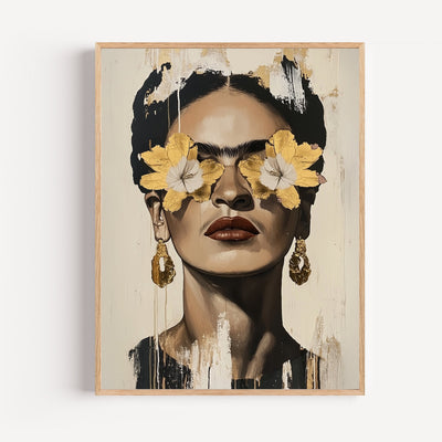 Frida Kahlo art print in black and gold, dramatic portrait