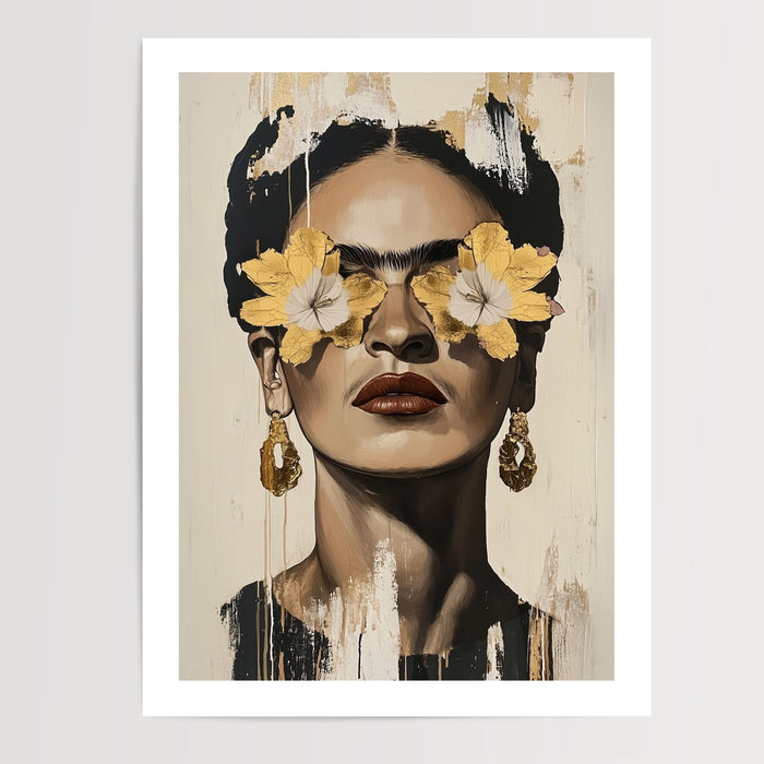 Poster Frida Kahlo - Lumière dorée et présence envoûtante — Vierge - poster-presentation-produit — passe-partout blanc