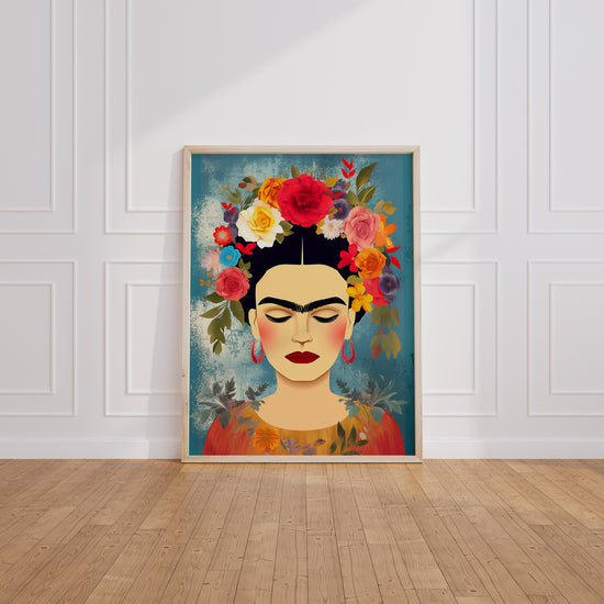 Poster Frida Kahlo - Portrait fleuri aux accents poétiques — Vierge - living-room