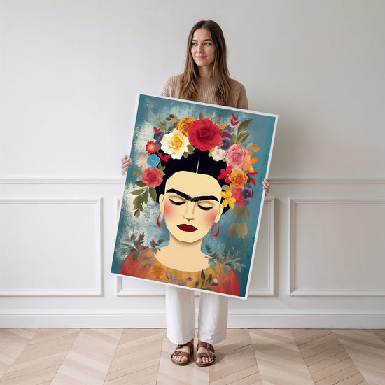 Poster Frida Kahlo - Portrait fleuri aux accents poétiques — Vierge - poster-femme-debout