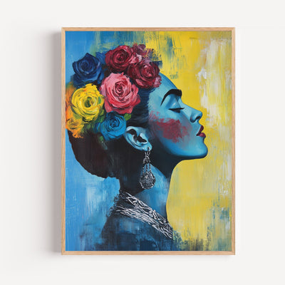 Poster Frida Kahlo - Portrait vibrant entre bleu profond et jaune solaire