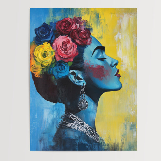 Poster Frida Kahlo - Portrait vibrant entre bleu profond et jaune solaire — Vierge - poster-presentation-produit