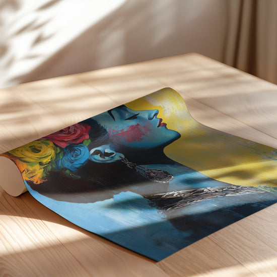 Poster Frida Kahlo - Portrait vibrant entre bleu profond et jaune solaire — Vierge - poster-enroullé