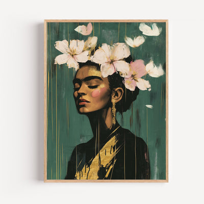 Poster Frida Kahlo - Sérénité fleurie et reflets dorés
