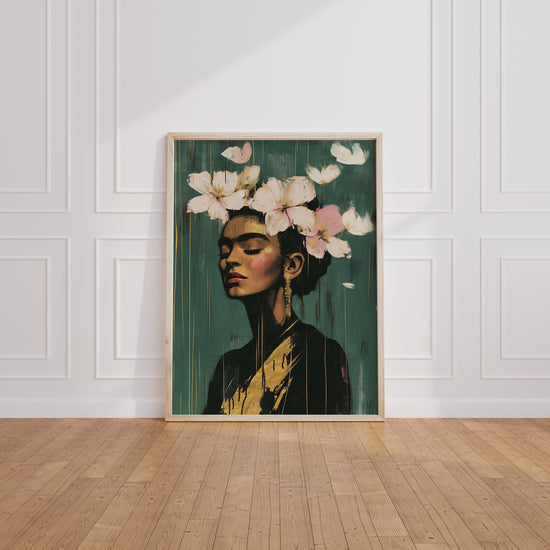 Poster Frida Kahlo - Sérénité fleurie et reflets dorés — Vierge - living-room