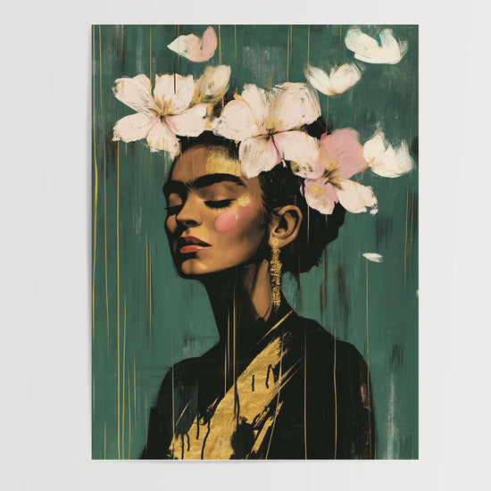 Poster Frida Kahlo - Sérénité fleurie et reflets dorés — Vierge - poster-presentation-produit