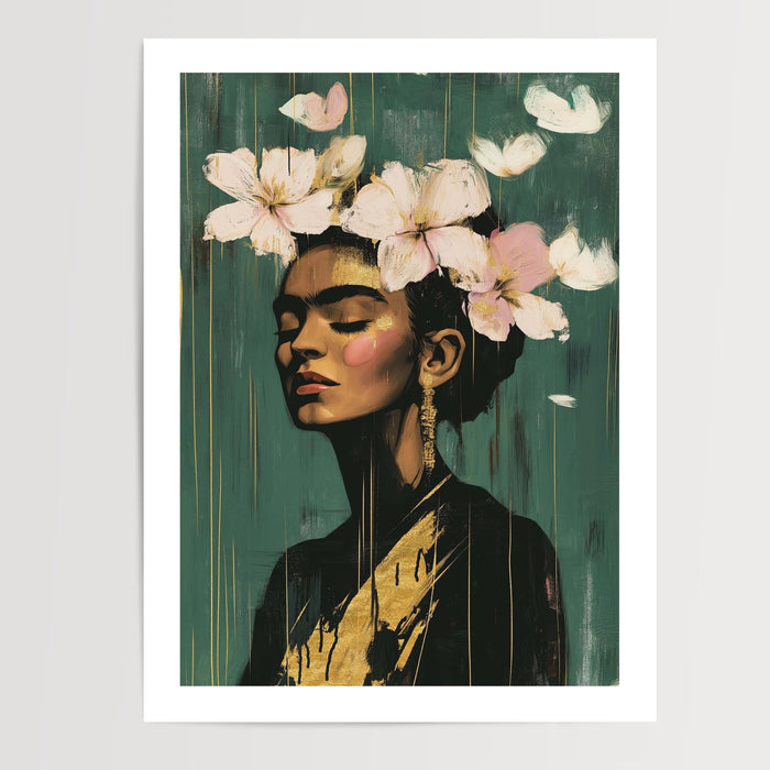 Poster Frida Kahlo - Sérénité fleurie et reflets dorés — Vierge - poster-presentation-produit — passe-partout blanc