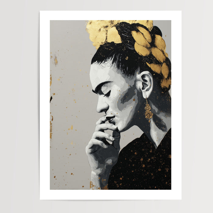 Poster Frida Kahlo - Street art noir, blanc et or plein de caractère — Vierge - poster-presentation-produit — passe-partout blanc