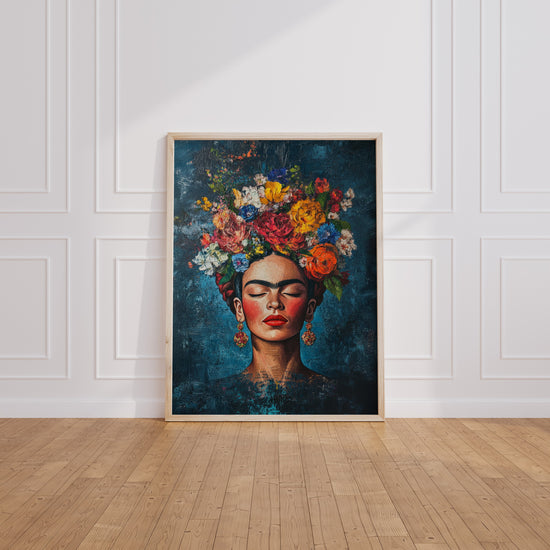 Poster Frida Kahlo - Visage fleuri aux couleurs vibrantes — Vierge - living-room