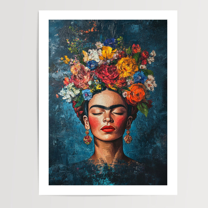 Poster Frida Kahlo - Visage fleuri aux couleurs vibrantes — Vierge - poster-presentation-produit — passe-partout blanc