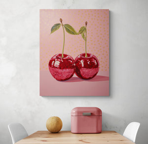 kitchen, wooden table, white chairs, pink metal box, fruit, white wall, pink cherry art.