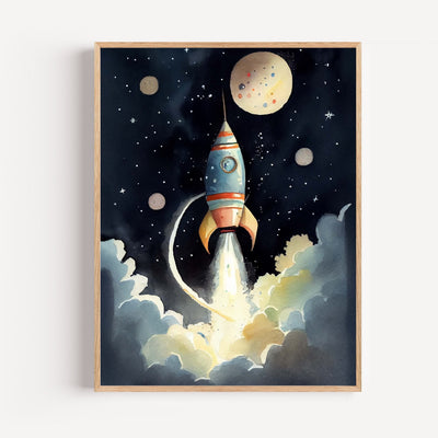 Póster cohete en el espacio – Viaje a las estrellas para pequeños soñadores