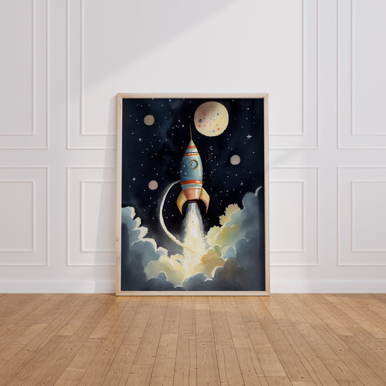 Poster Fusée dans l'espace - Voyage vers les étoiles pour petits rêveurs — Vierge - living-room