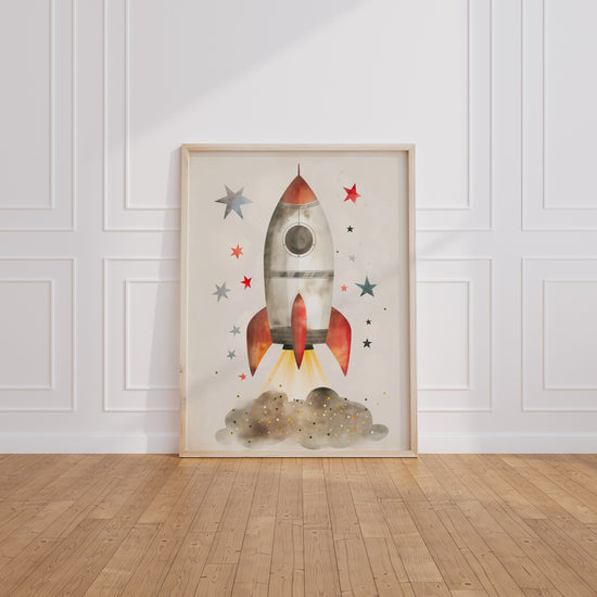 Poster Fusée enfant - Envol vers les étoiles et les grands rêves — Vierge - living-room