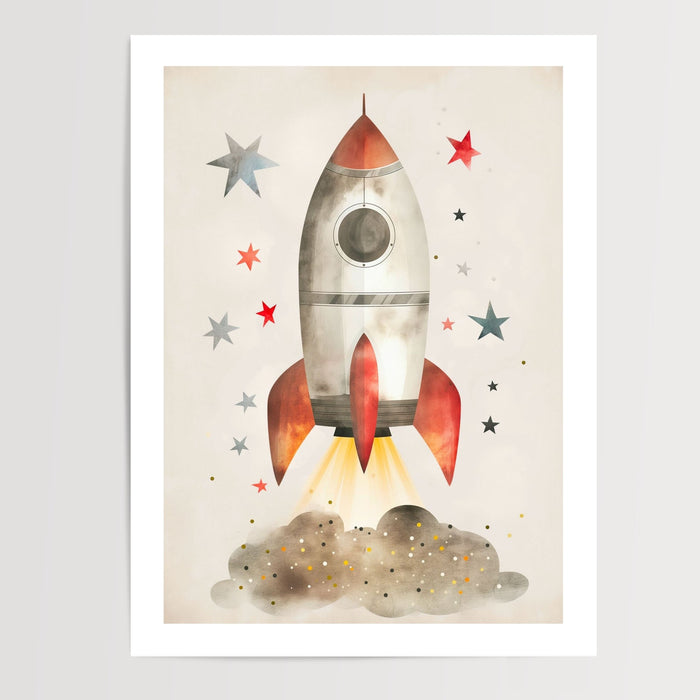 Poster Fusée enfant - Envol vers les étoiles et les grands rêves — Vierge - poster-presentation-produit — passe-partout blanc