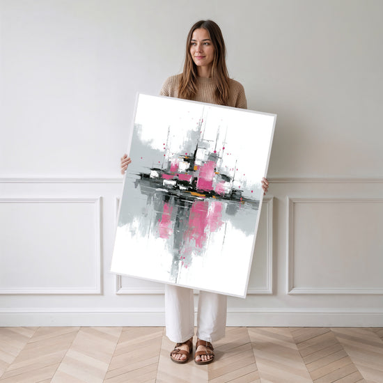 Poster Géométrie abstraite - Lignes roses et grises en mouvement — Vierge - poster-femme-debout