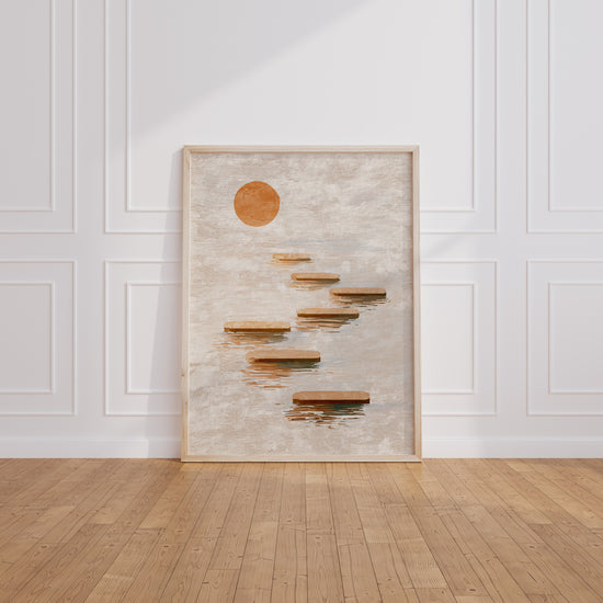 Poster Galets zen - Chemin de pierres sous un soleil doré — Vierge - living-room