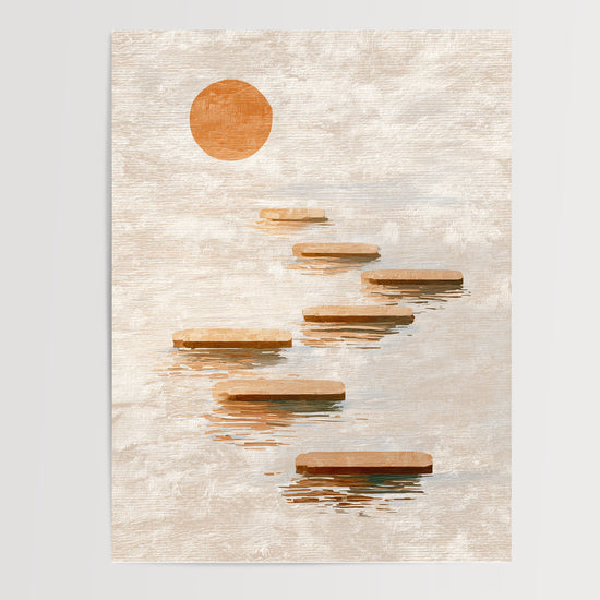 Poster Galets zen - Chemin de pierres sous un soleil doré — Vierge - poster-presentation-produit