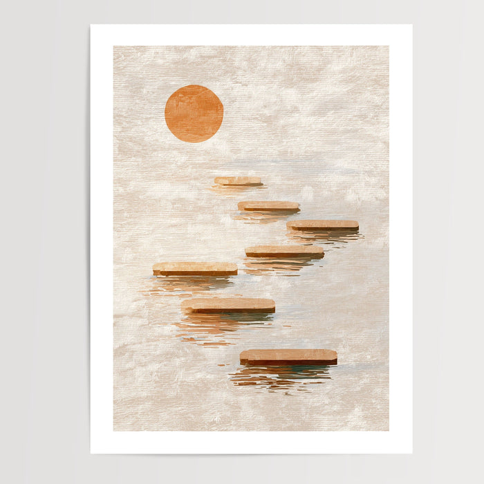 Poster Galets zen - Chemin de pierres sous un soleil doré — Vierge - poster-presentation-produit — passe-partout blanc
