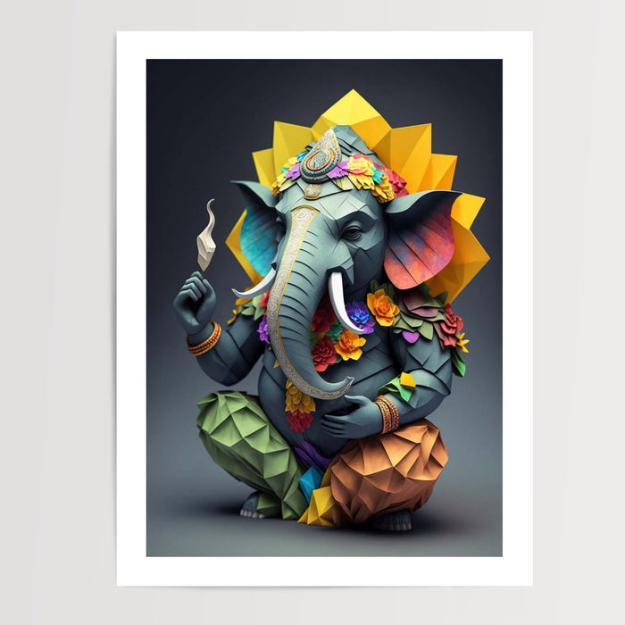 Poster Ganesh divin - Sagesse sereine en origami coloré — Vierge - poster-presentation-produit — passe-partout blanc