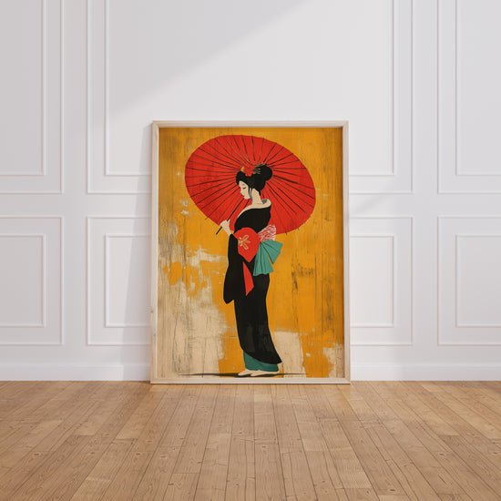 Poster Geisha japonaise - Douceur d'estampe au parasol rouge — Vierge - living-room