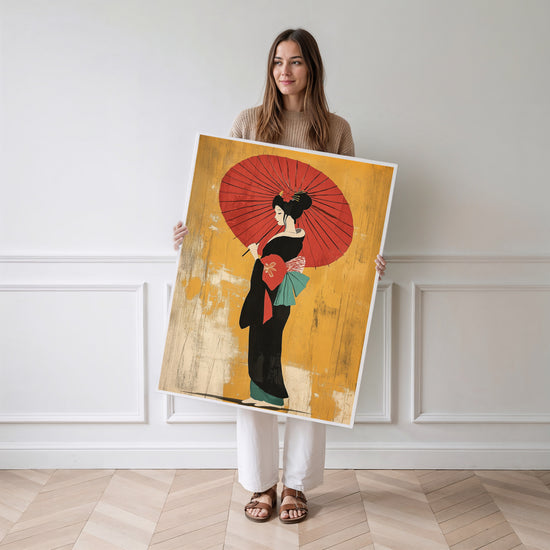 Poster Geisha japonaise - Douceur d'estampe au parasol rouge — Vierge - poster-femme-debout