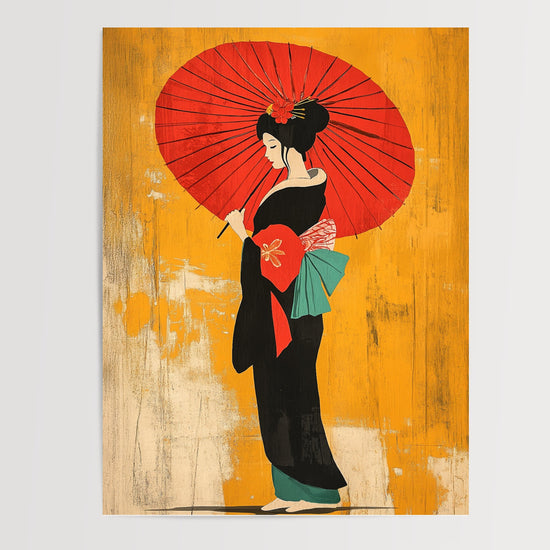 Poster Geisha japonaise - Douceur d'estampe au parasol rouge — Vierge - poster-presentation-produit