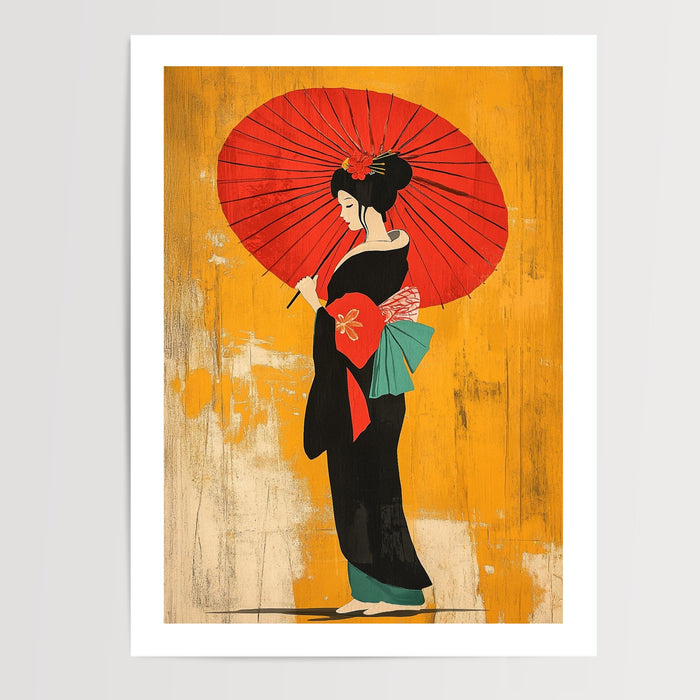 Poster Geisha japonaise - Douceur d'estampe au parasol rouge — Vierge - poster-presentation-produit — passe-partout blanc