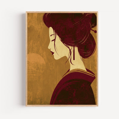 Poster Geisha japonaise - Grâce de profil sur fond doré
