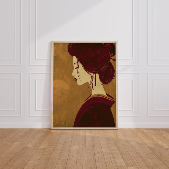Poster Geisha japonaise - Grâce de profil sur fond doré — Vierge - living-room