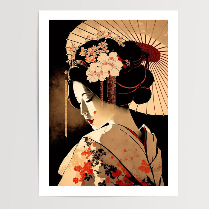 Poster Geisha japonaise - Grâce et mystère d'un kimono de dos — Vierge - poster-presentation-produit — passe-partout blanc