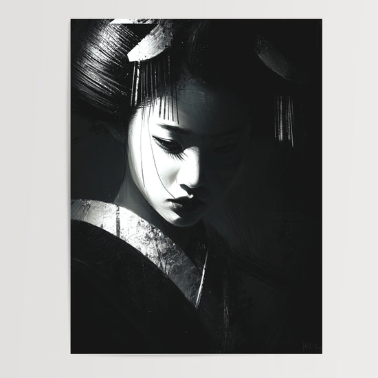 Poster Geisha noir et blanc - Une présence forte et silencieuse — Vierge - poster-presentation-produit