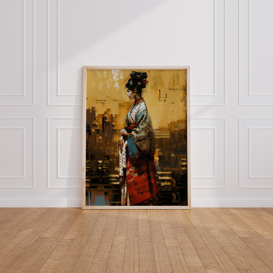 Poster Geisha - Portrait tout en douceur aux tons bruns chaleureux — Vierge - living-room