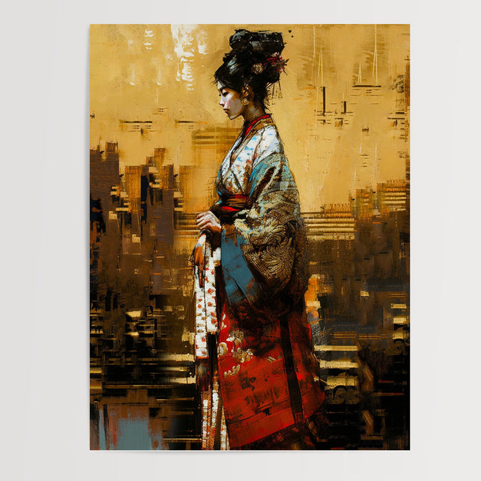 Poster Geisha - Portrait tout en douceur aux tons bruns chaleureux — Vierge - poster-presentation-produit