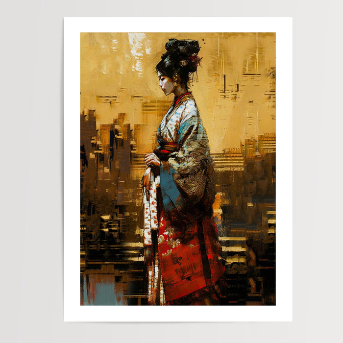 Poster Geisha - Portrait tout en douceur aux tons bruns chaleureux — Vierge - poster-presentation-produit — passe-partout blanc