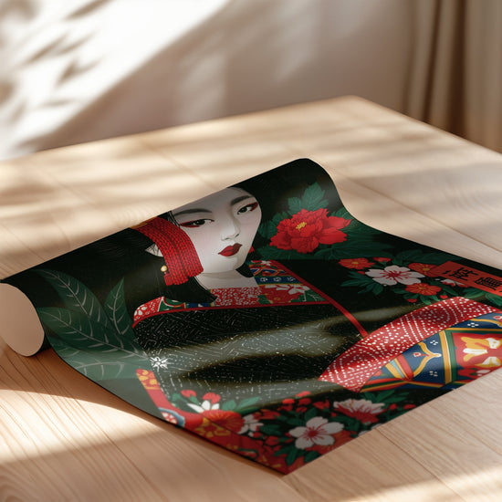 Poster Geisha - Raffinement ancestral et pivoines écarlates — Vierge - poster-enroullé