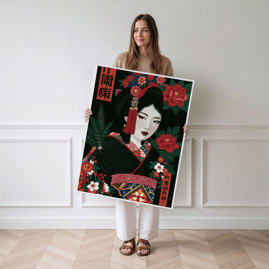 Poster Geisha - Raffinement ancestral et pivoines écarlates — Vierge - poster-femme-debout
