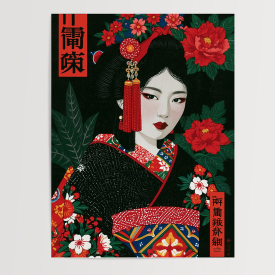 Poster Geisha - Raffinement ancestral et pivoines écarlates — Vierge - poster-presentation-produit