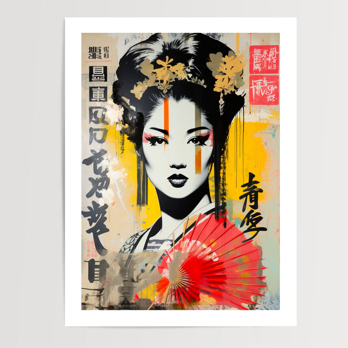 Poster Geisha street art - Le Japon urbain en couleurs vives — Vierge - poster-presentation-produit — passe-partout blanc