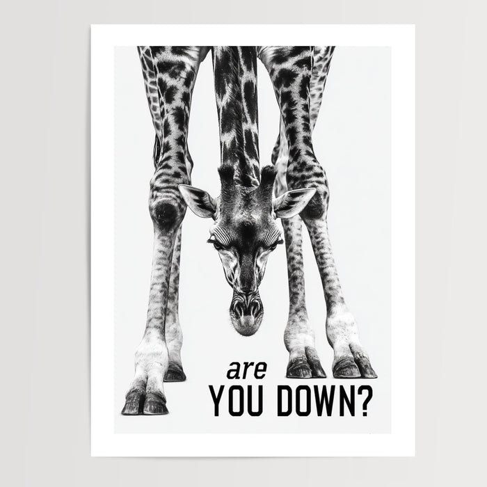 Poster Girafe tête en bas - Noir et blanc graphique et provocant — Vierge - poster-presentation-produit — passe-partout blanc