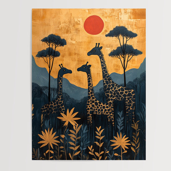 Poster Girafes - Silhouettes dorées sous le soleil couchant d'Afrique — Vierge - poster-presentation-produit