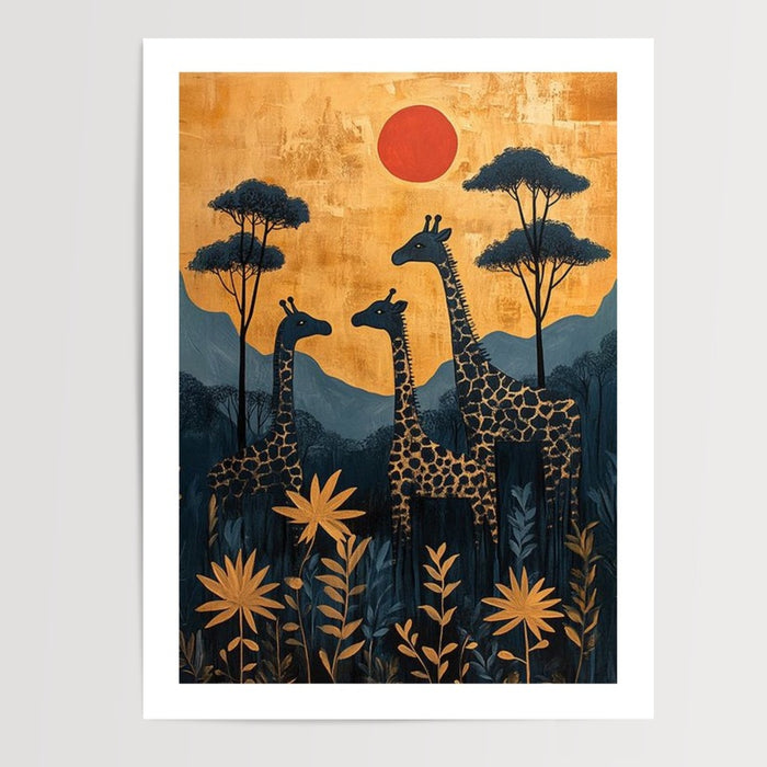 Poster Girafes - Silhouettes dorées sous le soleil couchant d'Afrique — Vierge - poster-presentation-produit — passe-partout blanc