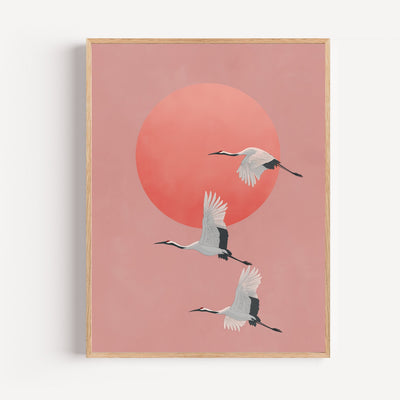 Kranich Poster – Weiße Kraniche, Zen, sanfter Flug im Sonnenuntergang