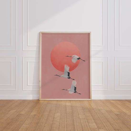 Poster Grues blanches zen - Envol paisible au soleil couchant — Vierge - living-room