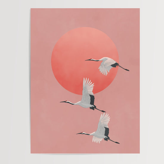 Poster Grues blanches zen - Envol paisible au soleil couchant — Vierge - poster-presentation-produit
