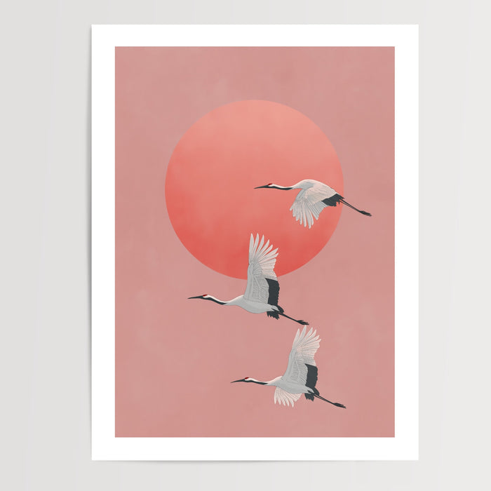Poster Grues blanches zen - Envol paisible au soleil couchant — Vierge - poster-presentation-produit — passe-partout blanc