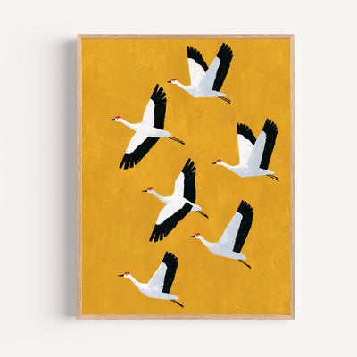 Poster Grues cendrées - Vol migratoire sur fond d'or automnal