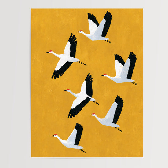 Poster Grues cendrées - Vol migratoire sur fond d'or automnal — Vierge - poster-presentation-produit