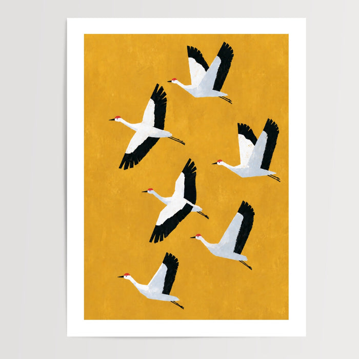 Poster Grues cendrées - Vol migratoire sur fond d'or automnal — Vierge - poster-presentation-produit — passe-partout blanc