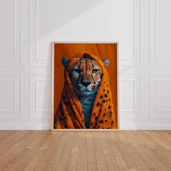 Poster Guépard - Regard fauve sur fond orange audacieux — Vierge - living-room